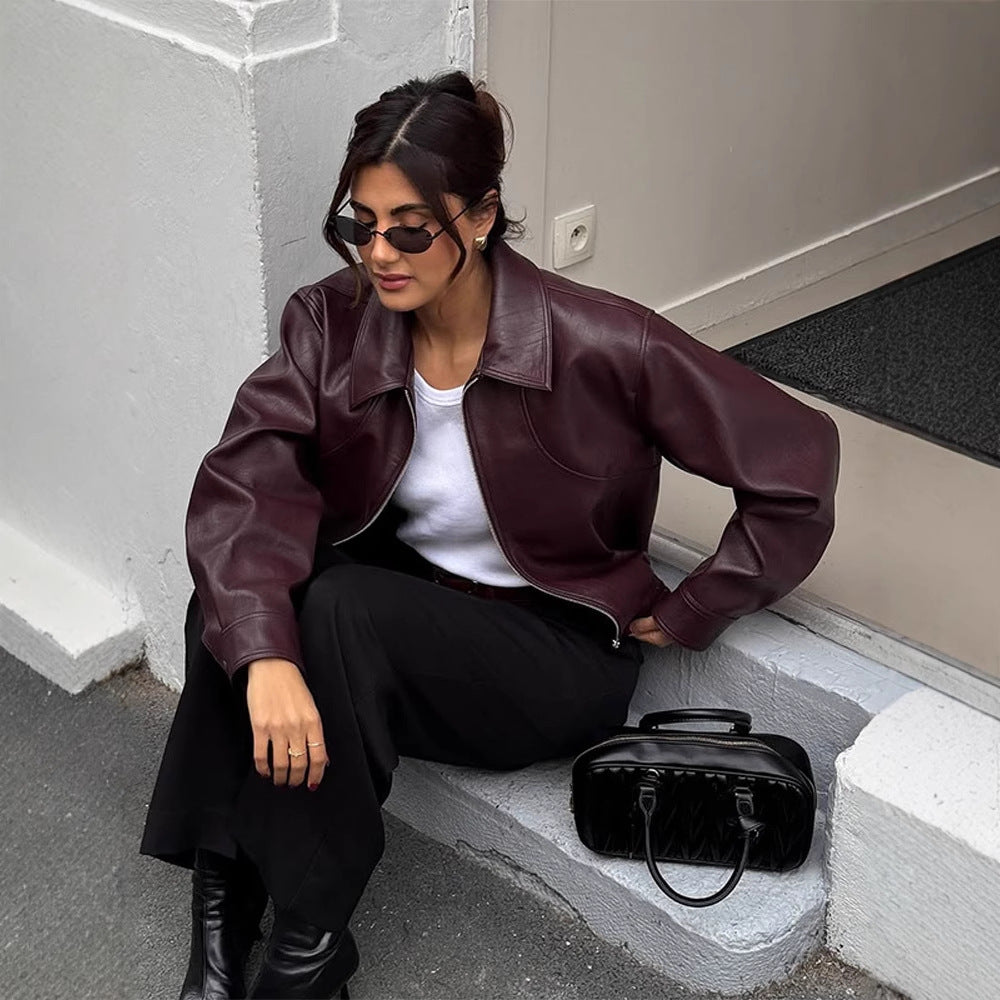 Damen elegante Lederjacke mit oversized Schnitt Drune