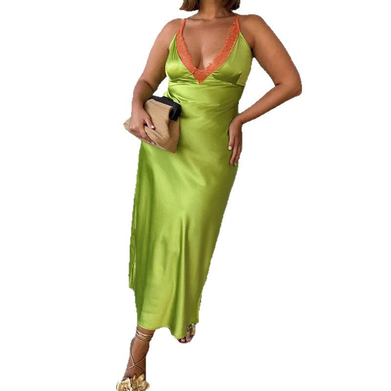 Damen Elegantes Satin-Maxikleid mit transparenter Spitze Drune