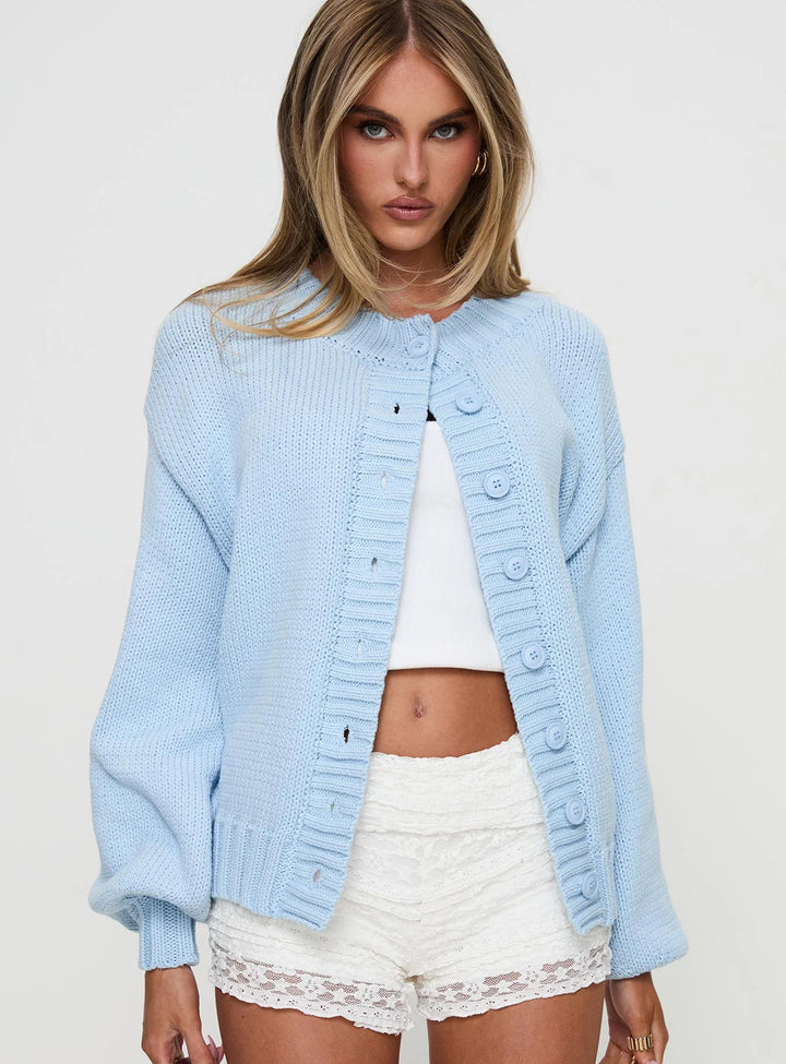 Damen kuschelige Strickjacke mit voluminösen Ärmeln und dekorativen Knopfdetails Drune