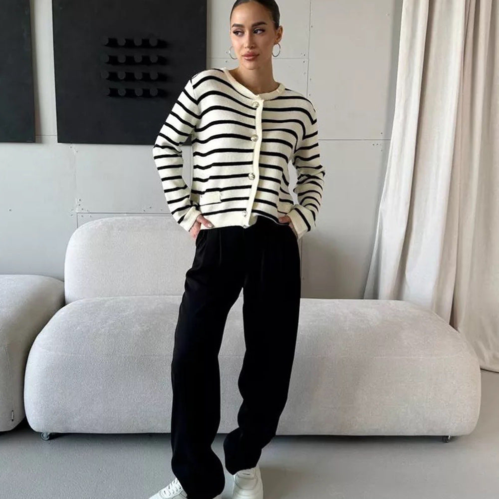 Damen gestreifter Strickcardigan mit Knopfdetail und gemütlichem Schnitt Drune