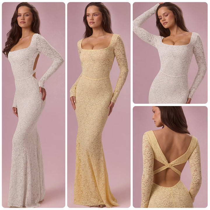 Damen Elegantes Spitzen-Maxikleid mit taillierter Silhouette und langem Arm Drune