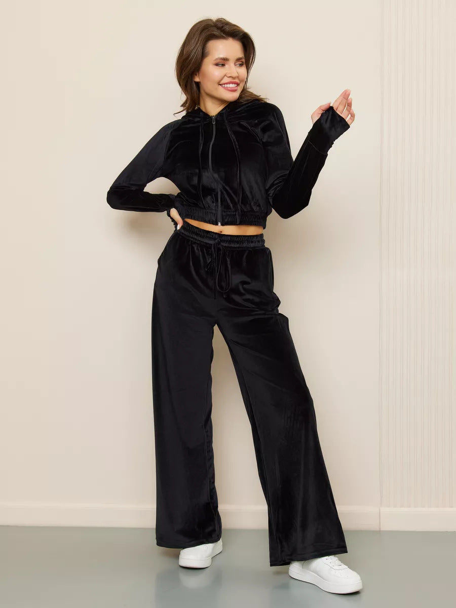 Damen Velours Freizeitanzug mit Kapuze Drune