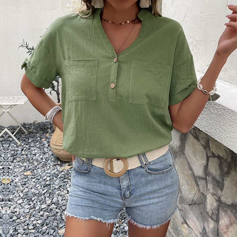 Damen Bluse mit knopfseitlichen Details und lässigem V-Ausschnitt Drune