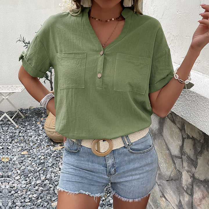 Damen Bluse mit knopfseitlichen Details und lässigem V-Ausschnitt Drune