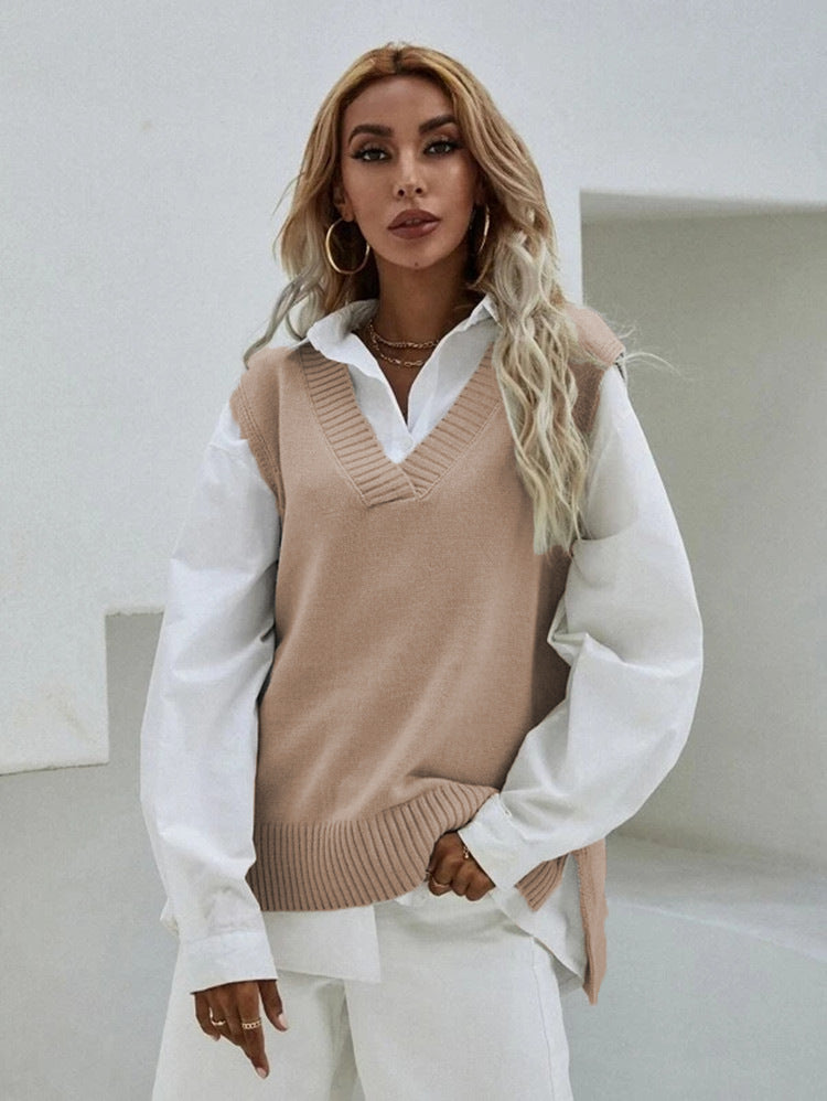 Damen Strickweste mit V-Ausschnitt und geripptem Saum Drune
