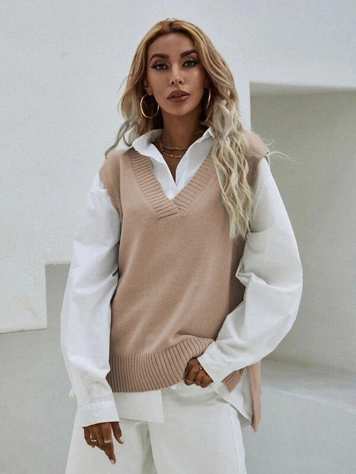 Damen Strickweste mit V-Ausschnitt und geripptem Saum Drune