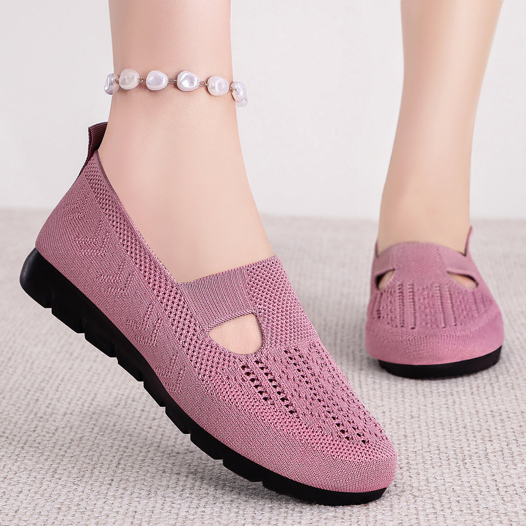 Damen nan atmungsaktiver gestrickter Mary-Jane-Slipper mit elastischem Riemen und rutschfester Keilsohle Drune
