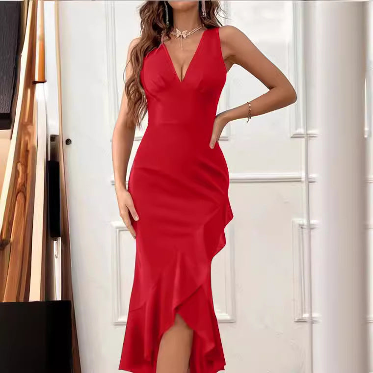 Damen Midikleid mit V-Ausschnitt und asymmetrischem Rüschensaum Drune