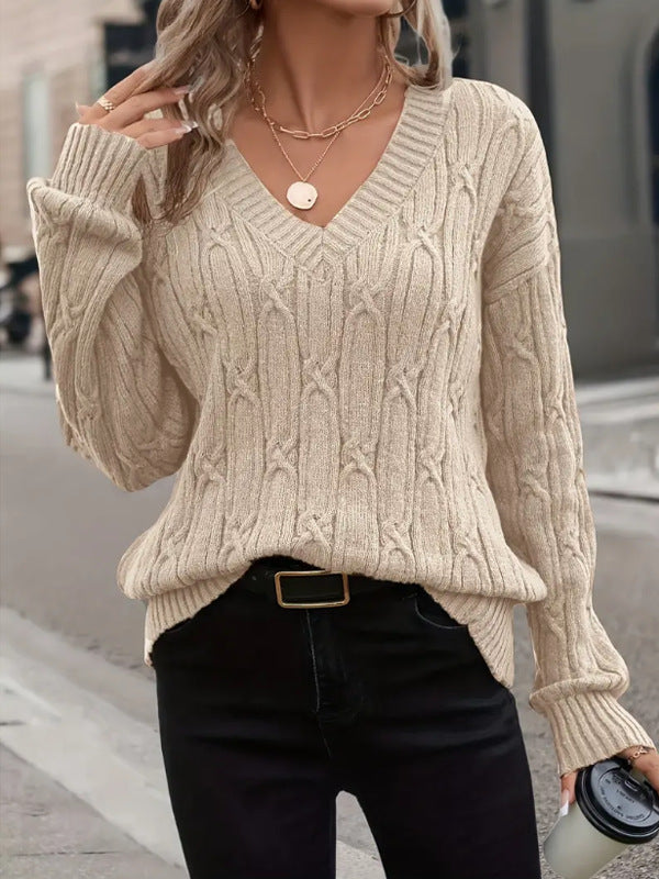 Damen Großer Strickpullover mit lässigem V-Ausschnitt und feinem Zopfmuster Drune