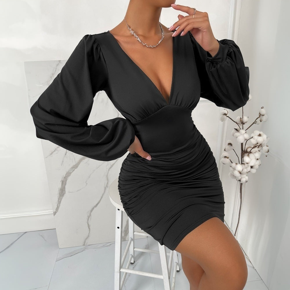 Damen Minikleid mit tiefem V-Ausschnitt und voluminösen Ärmeln Drune