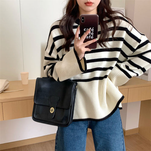 Damen lässiger gestreifter Pullover mit weitem Schnitt Drune