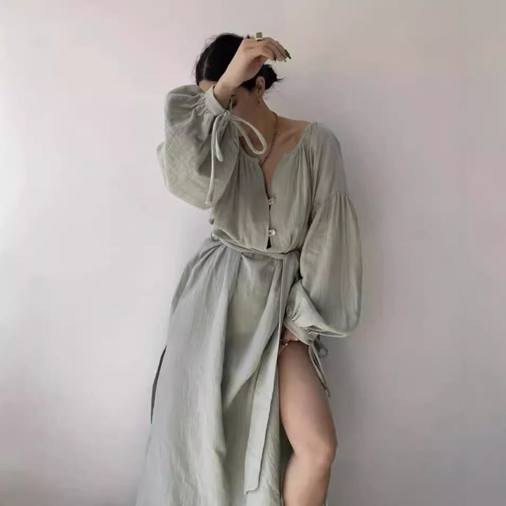 Damen elegantes Maxikleid mit Taillengürtel und Ballonärmeln Drune