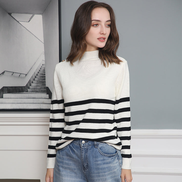 Damen modischer Strickpullover mit Streifenmuster und Knopfdetails Drune