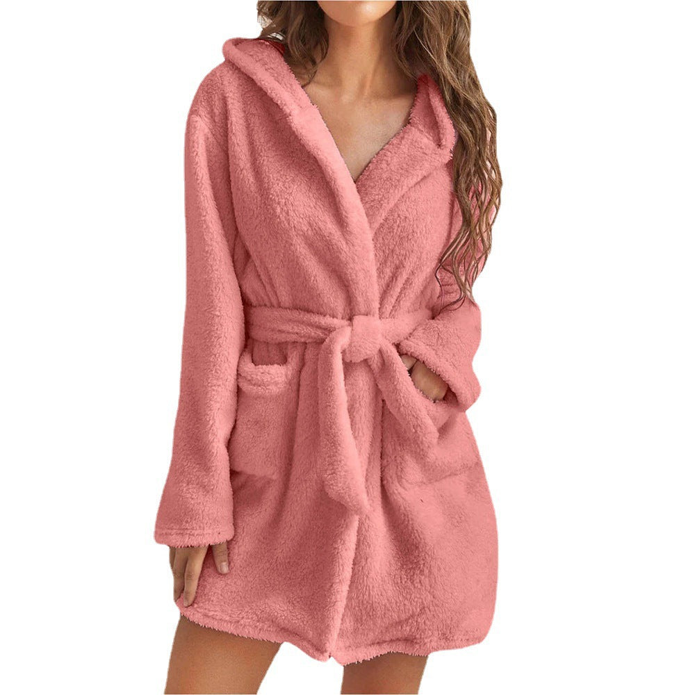 Damen Fleece Bademantel mit Kapuze und Gürtel Drune