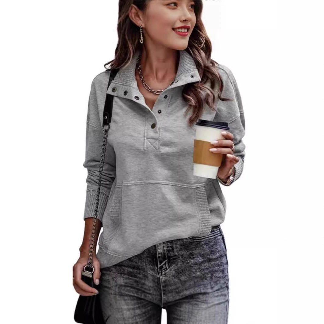 Damen sportlicher Pullover im Vintage-Style mit Stehkragen und Druckknöpfen Drune