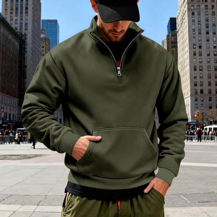 Herren nan Halbzip-Sweatshirt mit Kängurutasche, elastischen Rippbündchen und hohem Stehkragen Drune