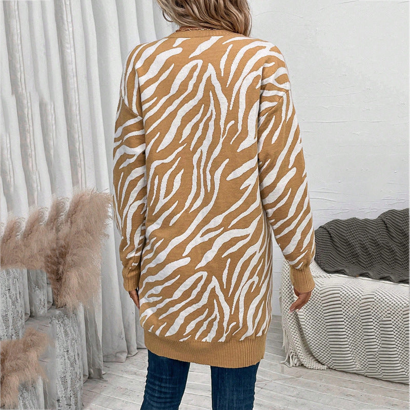Damen Lässige Strickjacke im Zebra-Design mit langen Ärmeln und offenem V-Ausschnitt Drune