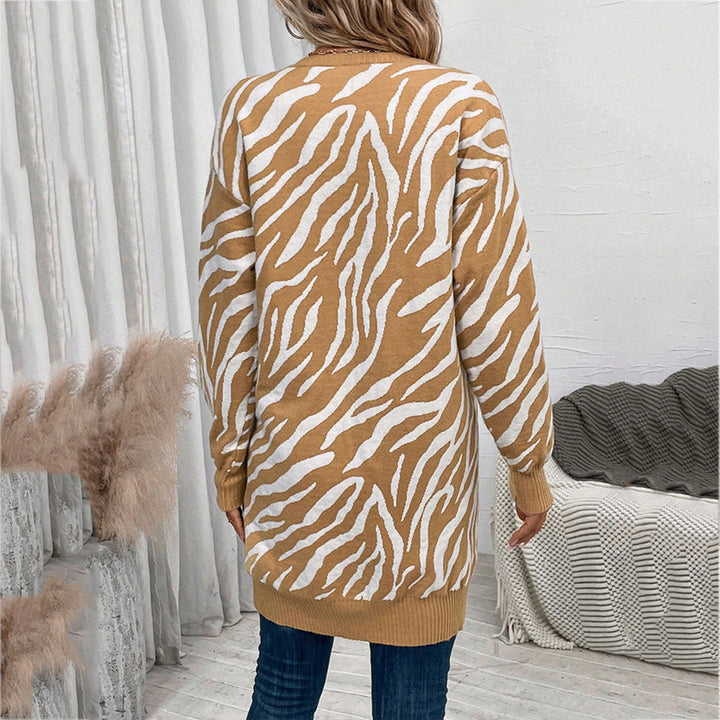 Damen Lässige Strickjacke im Zebra-Design mit langen Ärmeln und offenem V-Ausschnitt Drune