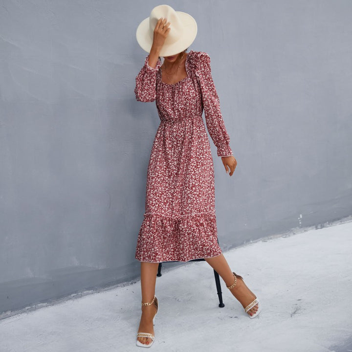 Damen romantisches Maxikleid mit Rüschendetails und floralen Mustern Drune