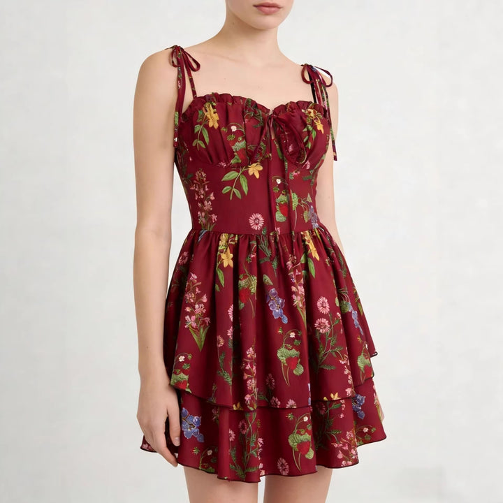 Damen Minikleid mit Blumenmuster und bordeauxfarbenem Unterrock Drune
