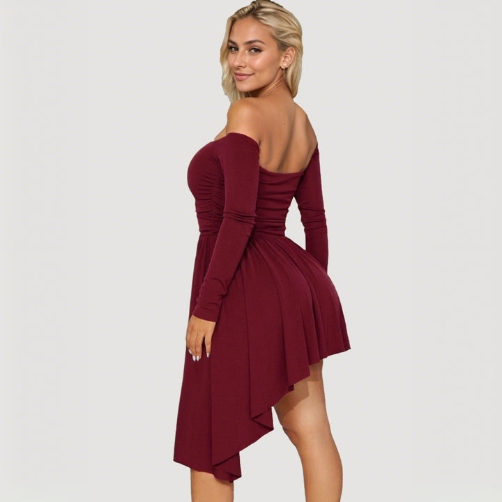 Damen Off-Shoulder Midi-Kleid mit asymmetrischem Saum und langen Ärmeln Drune