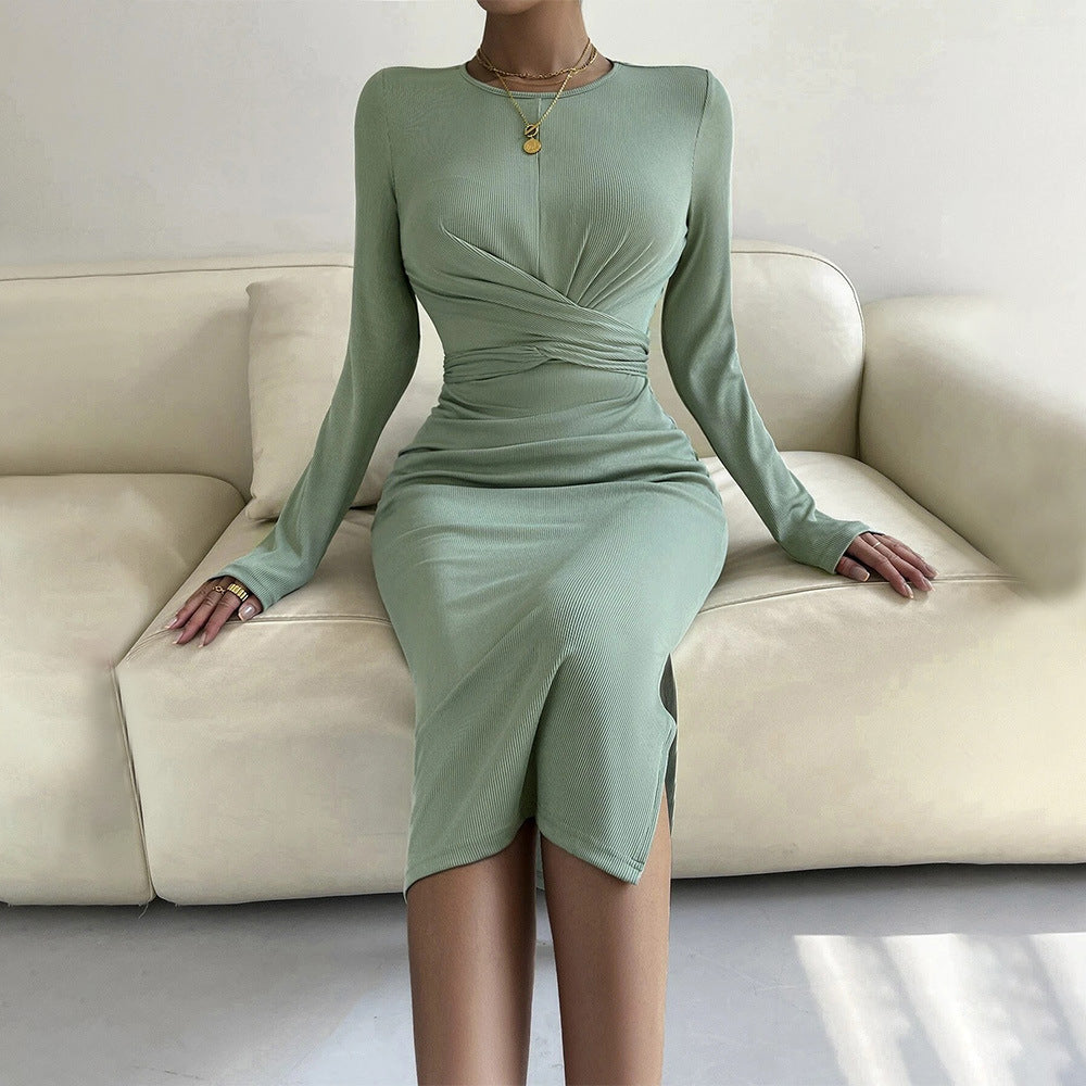 Damen figurbetontes Wickelkleid mit langen Ärmeln und elegantem Raffungseffekt Drune