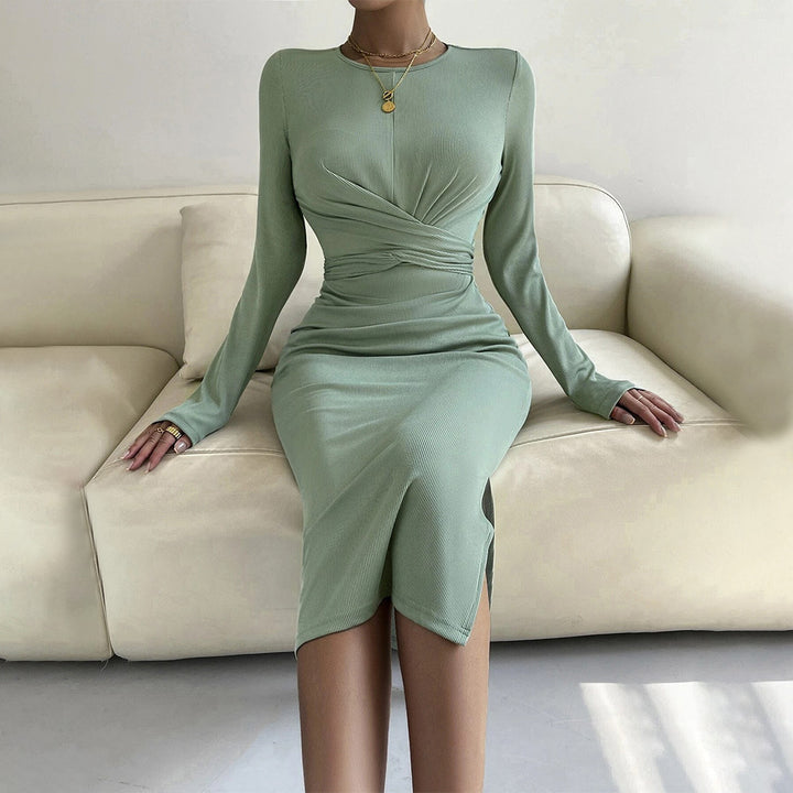Damen figurbetontes Wickelkleid mit langen Ärmeln und elegantem Raffungseffekt Drune