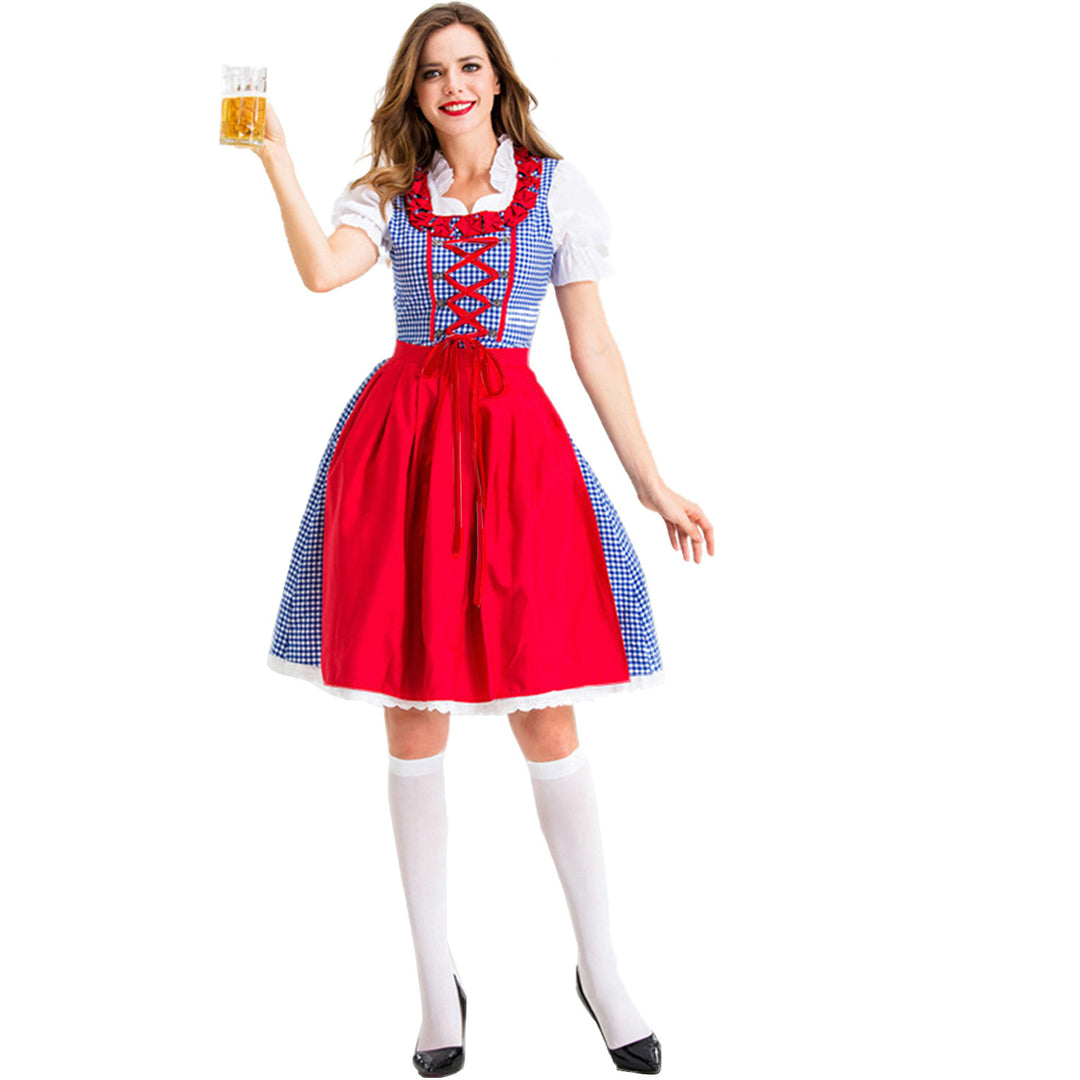 Damen nan Karo-Dirndl mit geschnürter Miederfront, Rüschenkragen und taillierter Schürze Drune