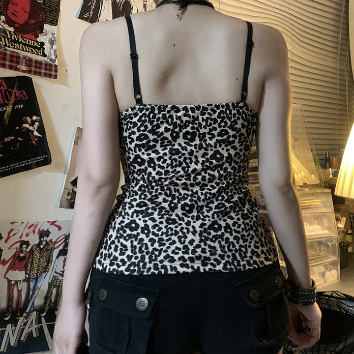 Damen Spaghetti-Trägertop mit elegantem Spitzenbesatz und modernem Leopardenmuster Drune