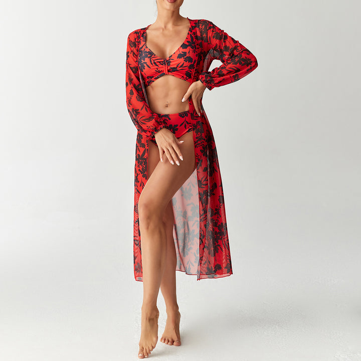 Damen Florales Strandoutfit mit transparentem Kaftan Drune