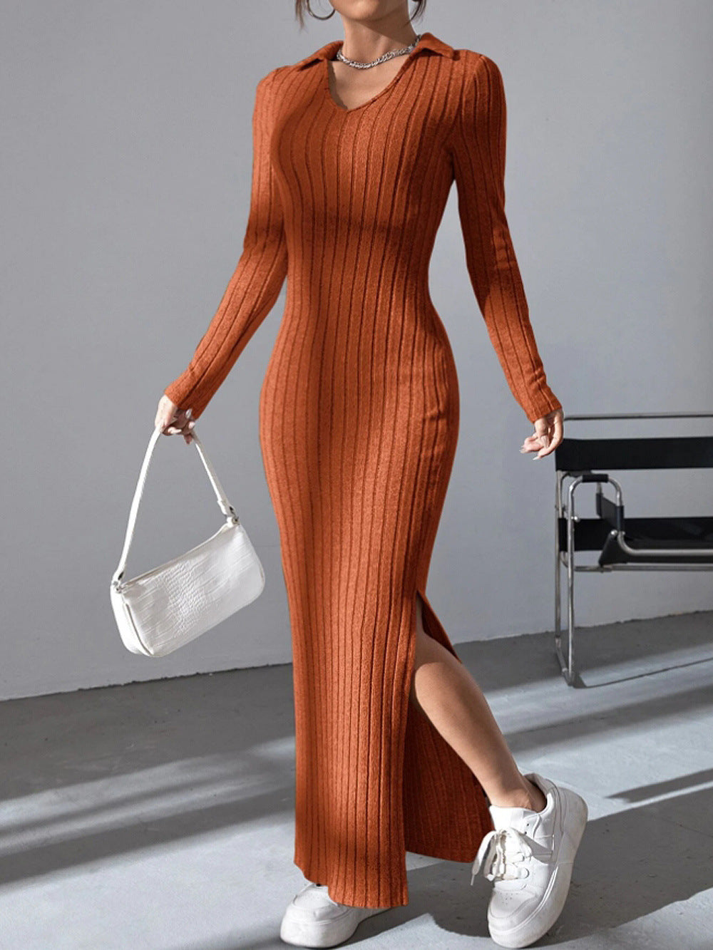 Damen Langärmliges Rippkleid mit Slit und Kragen Drune