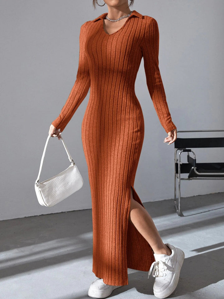 Damen Langärmliges Rippkleid mit Slit und Kragen Drune