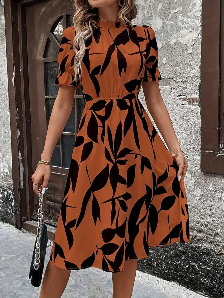 Damen Elegantes Midi-Kleid mit modischem Pflanzenmuster und Gummizug in der Taille Drune