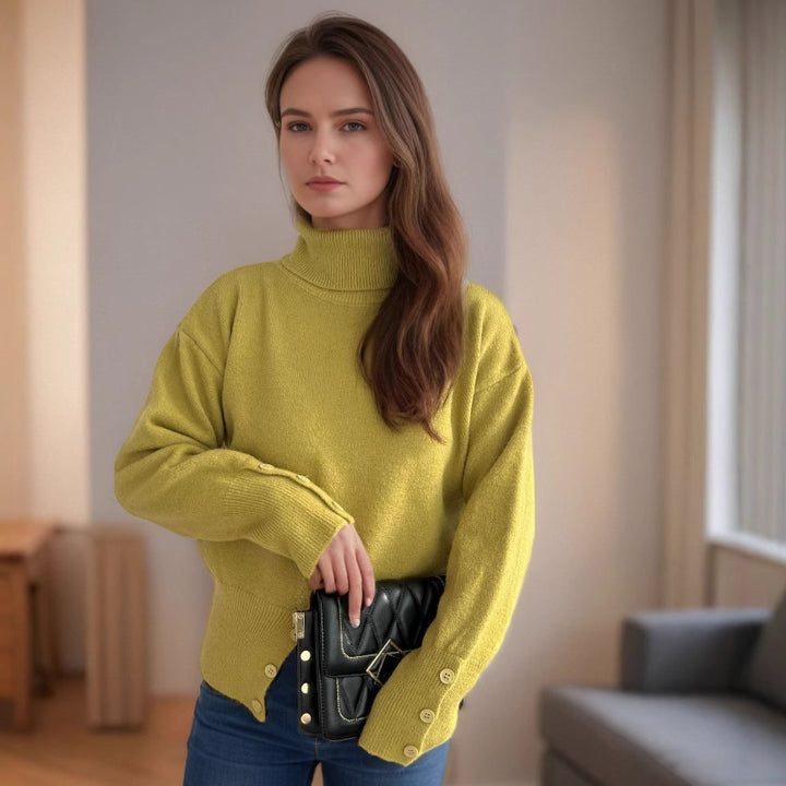 Damen modischer Rollkragenpullover mit Knopfdetails und asymmetrischem Saum Drune