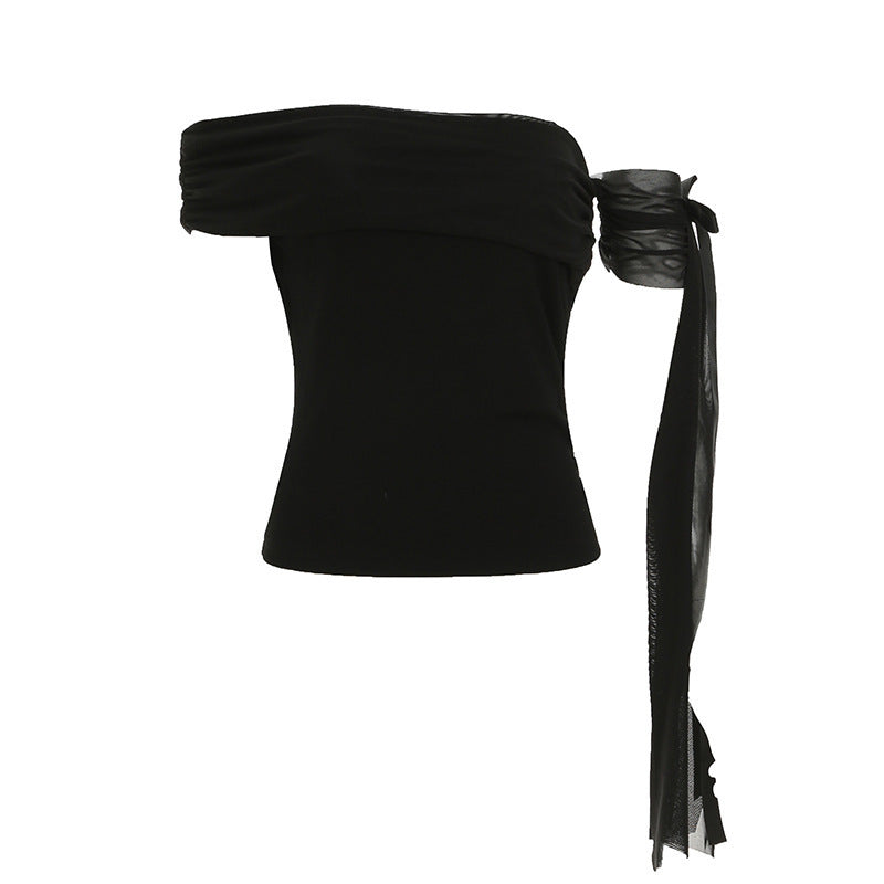 Damen Off-Shoulder Oberteil mit Rüschendetails und transparentem Ärmel Drune