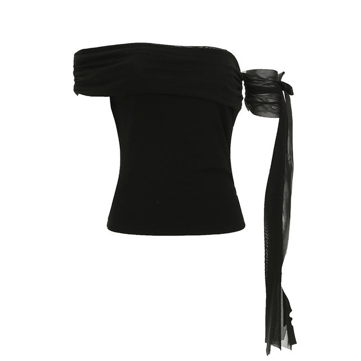 Damen Off-Shoulder Oberteil mit Rüschendetails und transparentem Ärmel Drune