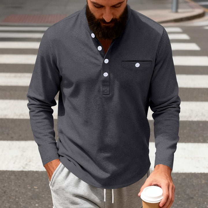 Herren nan langärmeliges Henley-Shirt mit Stehkragen, Brusttasche und dekorativer Knopfleiste Drune