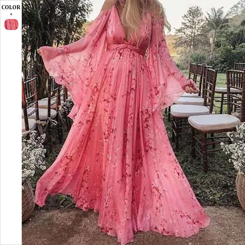 Damen Maxikleid mit eleganten Glockenärmeln und floralem Obermaterial Drune