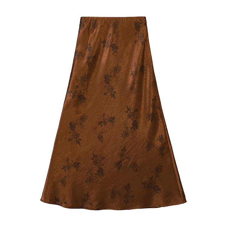Damen nan taillenhoher A-Linien-Midirock aus jacquardähnischem Satin mit floralem Relief Drune