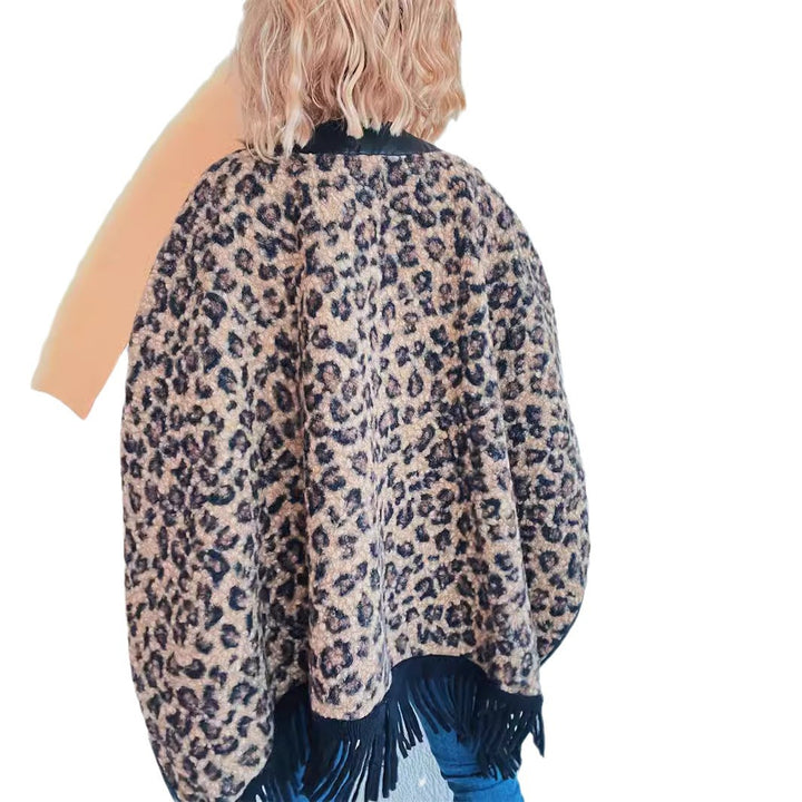 Damen modischer Poncho mit Fransen und tierischem Print Drune