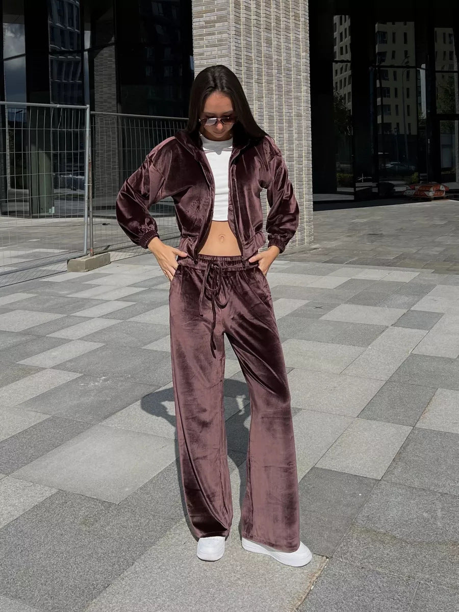 Damen Velours-Loungewear-Anzug mit Kapuze und weitem Schnitt Drune