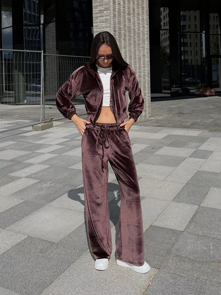 Damen Velours-Loungewear-Anzug mit Kapuze und weitem Schnitt Drune