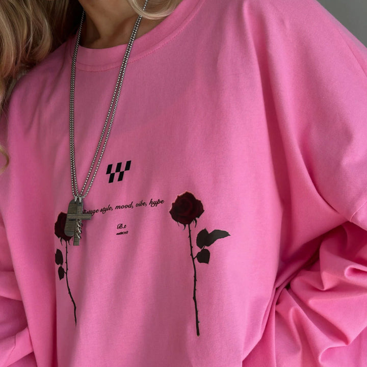 Damen Oversized Langarm-T-Shirt mit floralen Grafikdetails Drune