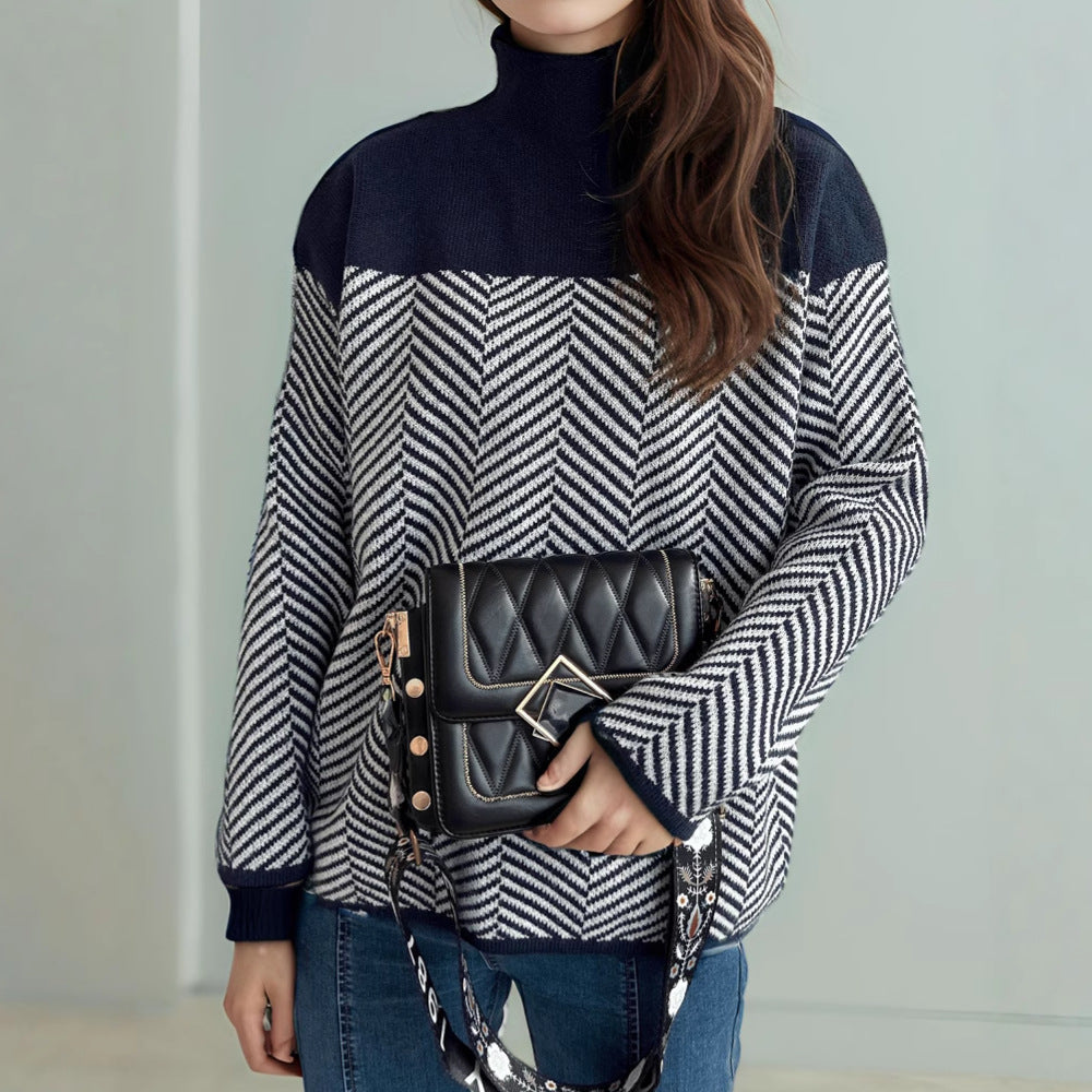 Damen gemütlicher Rollkragenpullover mit modernem Fischgrätenmuster und elastischen Bündchen Drune