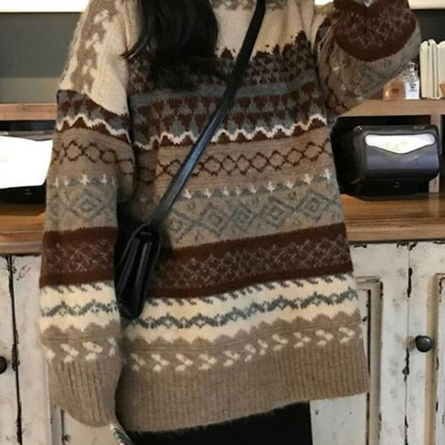 Damen Großer Oversized Pullover mit grafischem Muster Drune