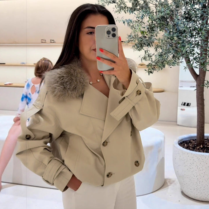 Damen elegante Übergangsjacke mit luxuriösen Fellkragen Drune