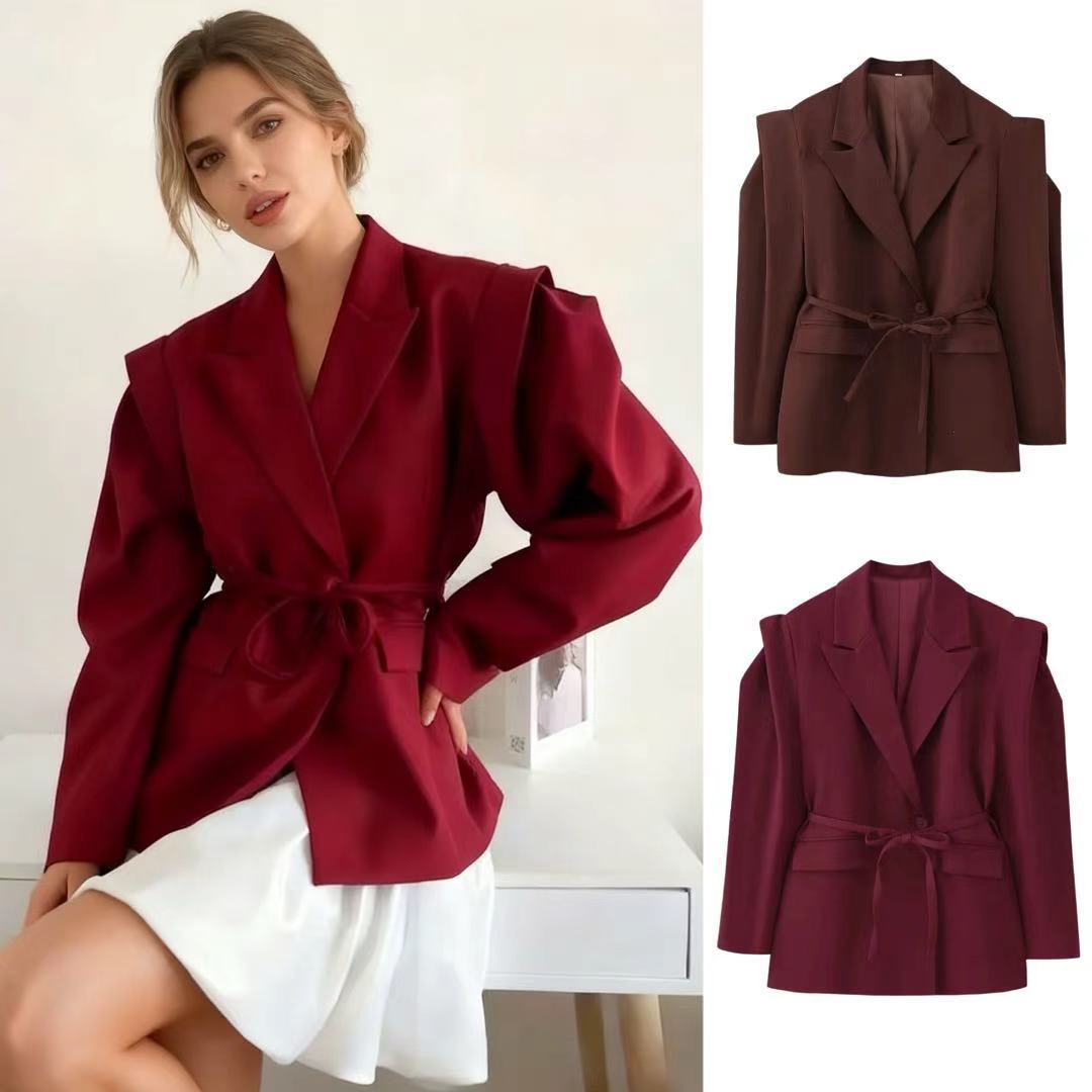 Damen nan taillierter Blazer mit Bindegürtel, Reverskragen und Schulterpolstern Drune