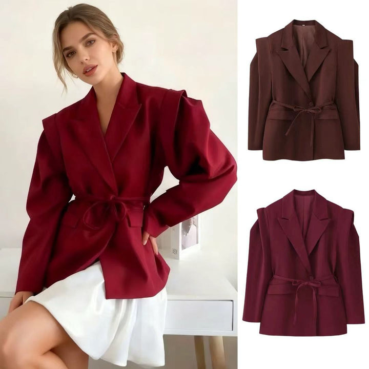 Damen nan taillierter Blazer mit Bindegürtel, Reverskragen und Schulterpolstern Drune
