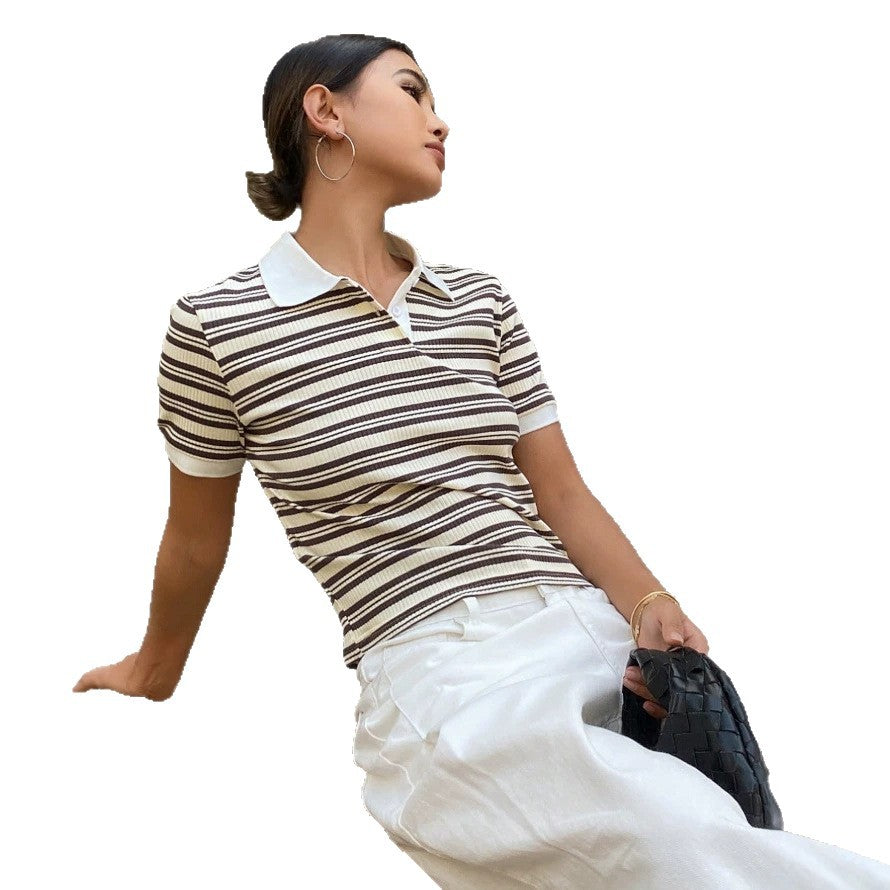 Damen Polo Shirt mit gestreiftem Design und feiner Rippstruktur Drune