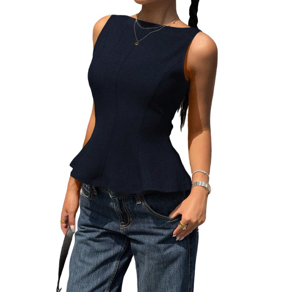Damen raffiniertes Top mit peplum Saum und ärmellosem Design Drune